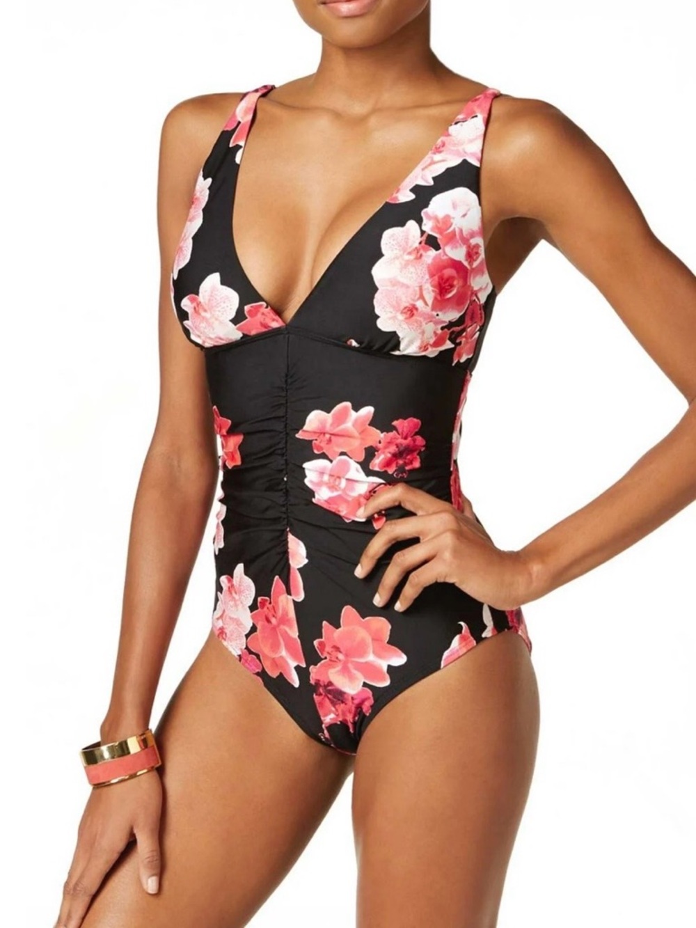 Calvin Klein • Black Pink Floral Ruched One Piece Swimsuit • Size 10 • EUC